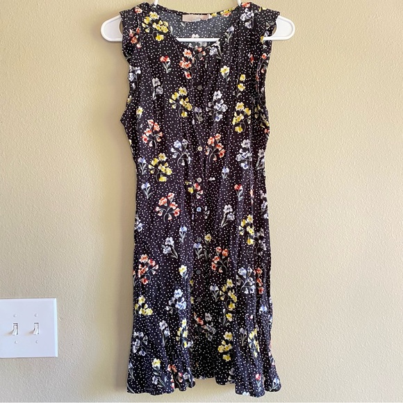 Ann Taylor LOFT Petites Floral Polka Dot Button Down Flutter Dress Black White - Picture 2 of 3